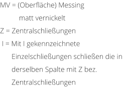 MV = (Oberfl�che) Messing matt vernickelt Z = Zentralschlie�ungen  I = Mit I gekennzeichnete  Einzelschlie�ungen schlie�en die in derselben Spalte mit Z bez. Zentralschlie�ungen